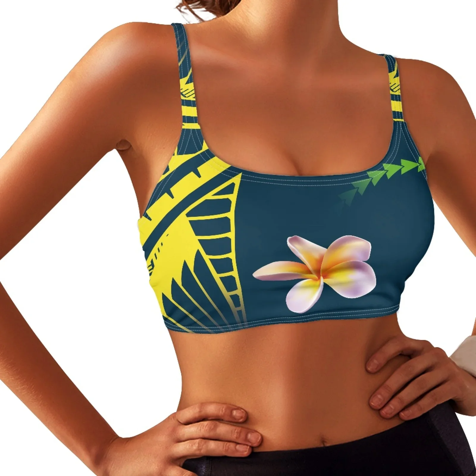 Polynesian Tribal Fijian Totem Tattoo Fiji Prints Women Comfort Seamless Sports Tank Top Yoga Bra No Collar Hibiscus Crop Top