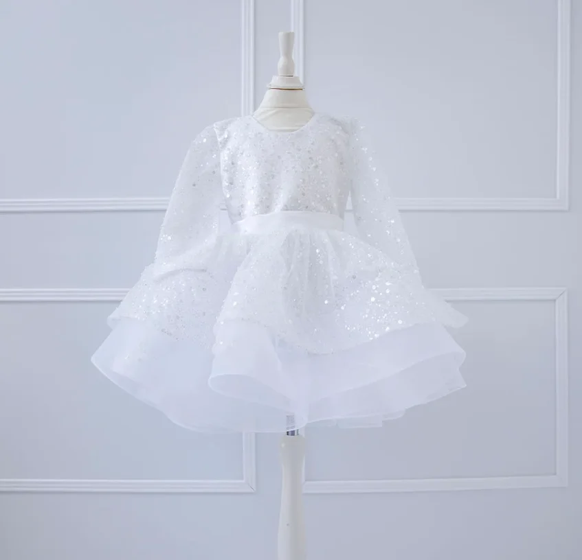 

White Long Sleeves Sparkling Tutu Birthday Gown Flower Girl Dress for Wedding Princess Party Prom Gown Child 1-10T