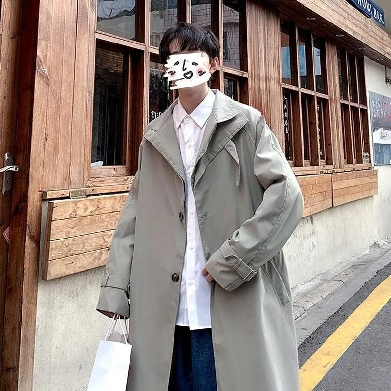 

2025 New Men's Korean Style Loose Fit Trench Coat Spring Autumn Retro Hong Kong Style Trendy Coat​