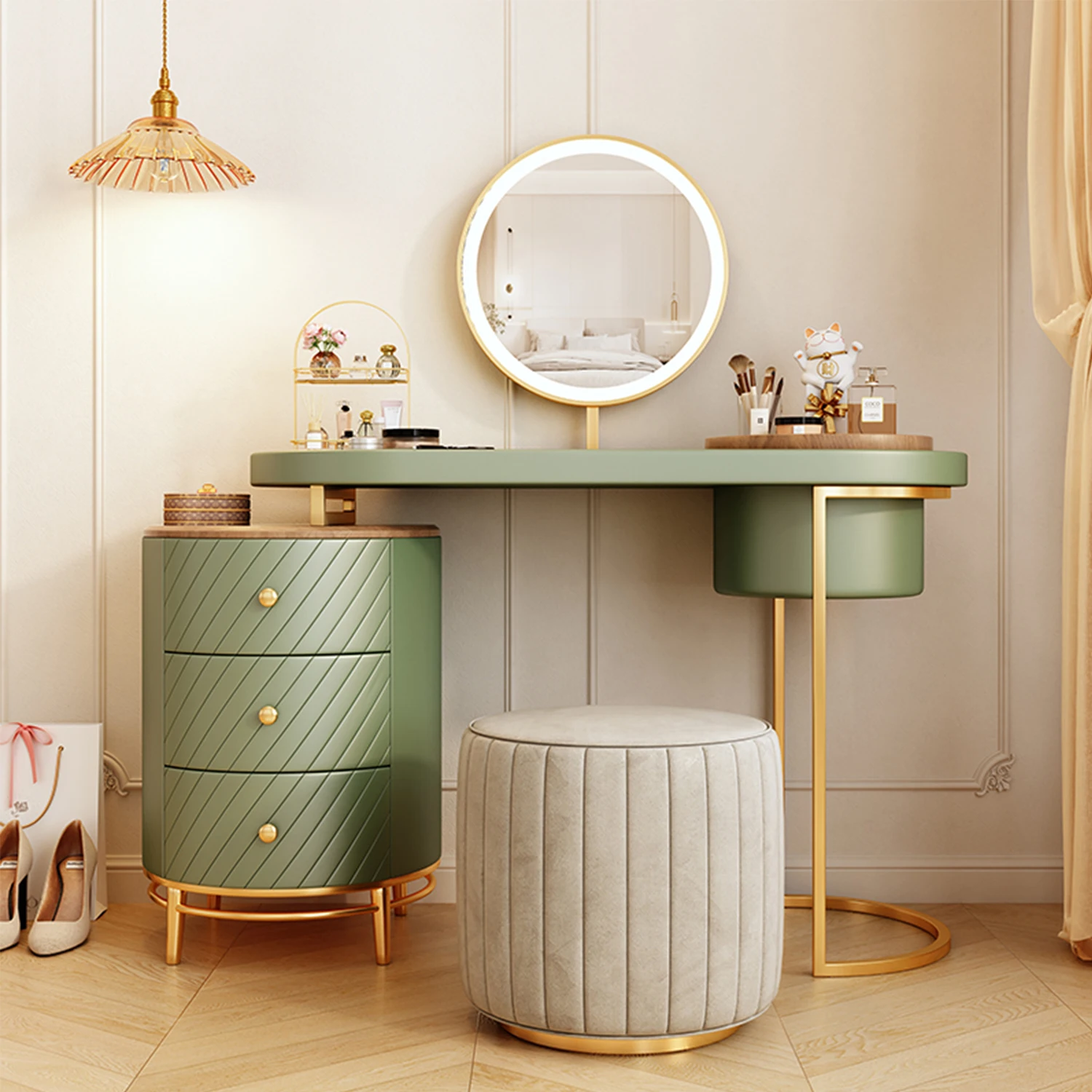 Luxury Bedroom Makeup Vanity Desk Solid Wood Modern Design with Smart LED Light Mirror 3 Drawers-Green Light for Hotels