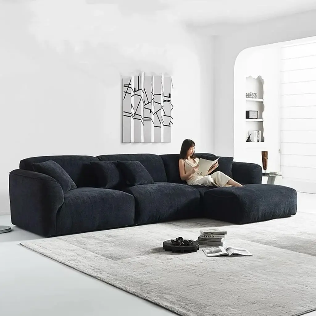 Vintage Grand Sofa Minimalist Living Room Small Apartment Straight-row Petal Chenier Fabric Sofa Wood