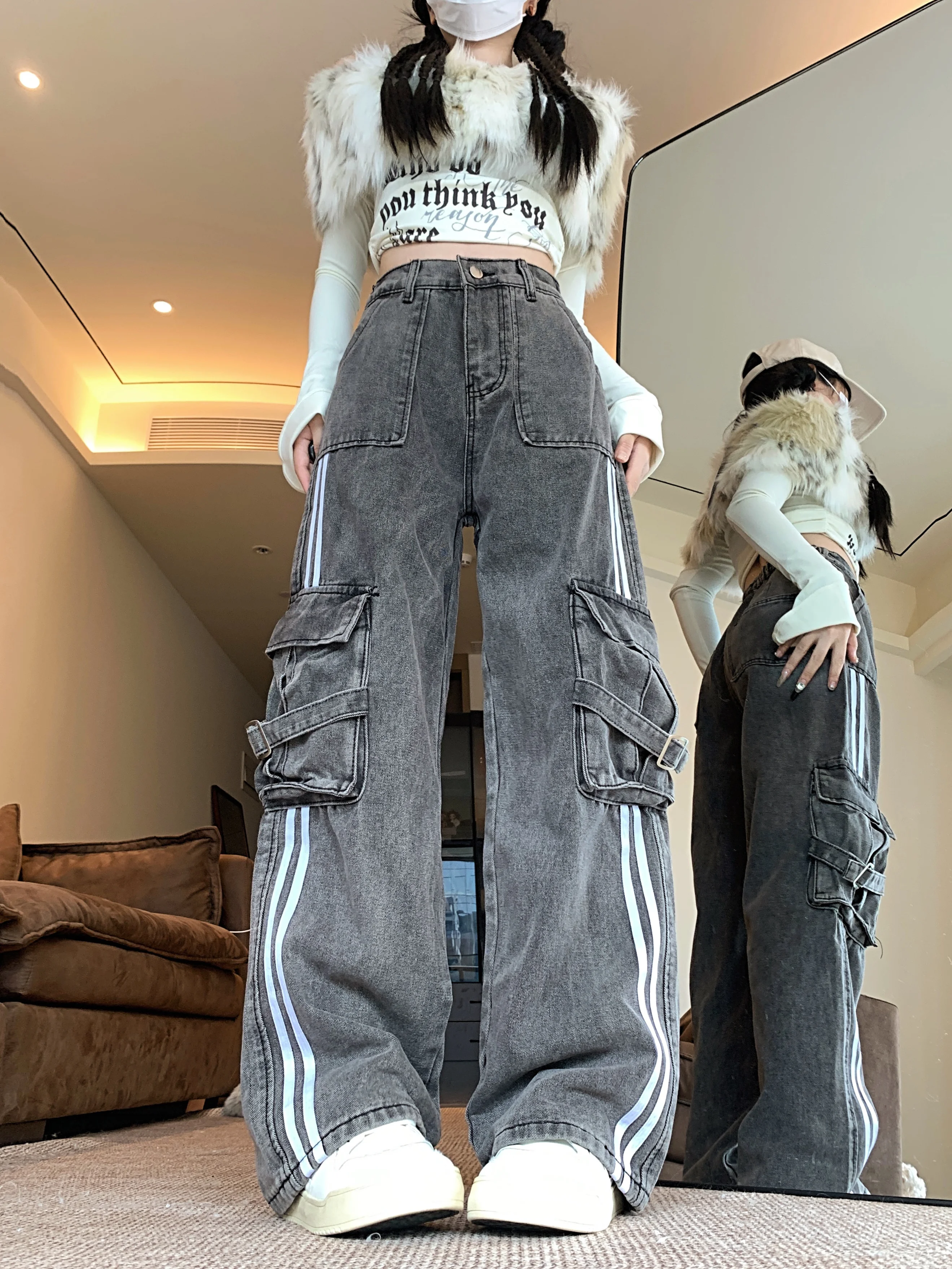 

American Retro Washed Sports Casual Wide-Leg Loose Jeans for Women, Slimming Long Pants for Women