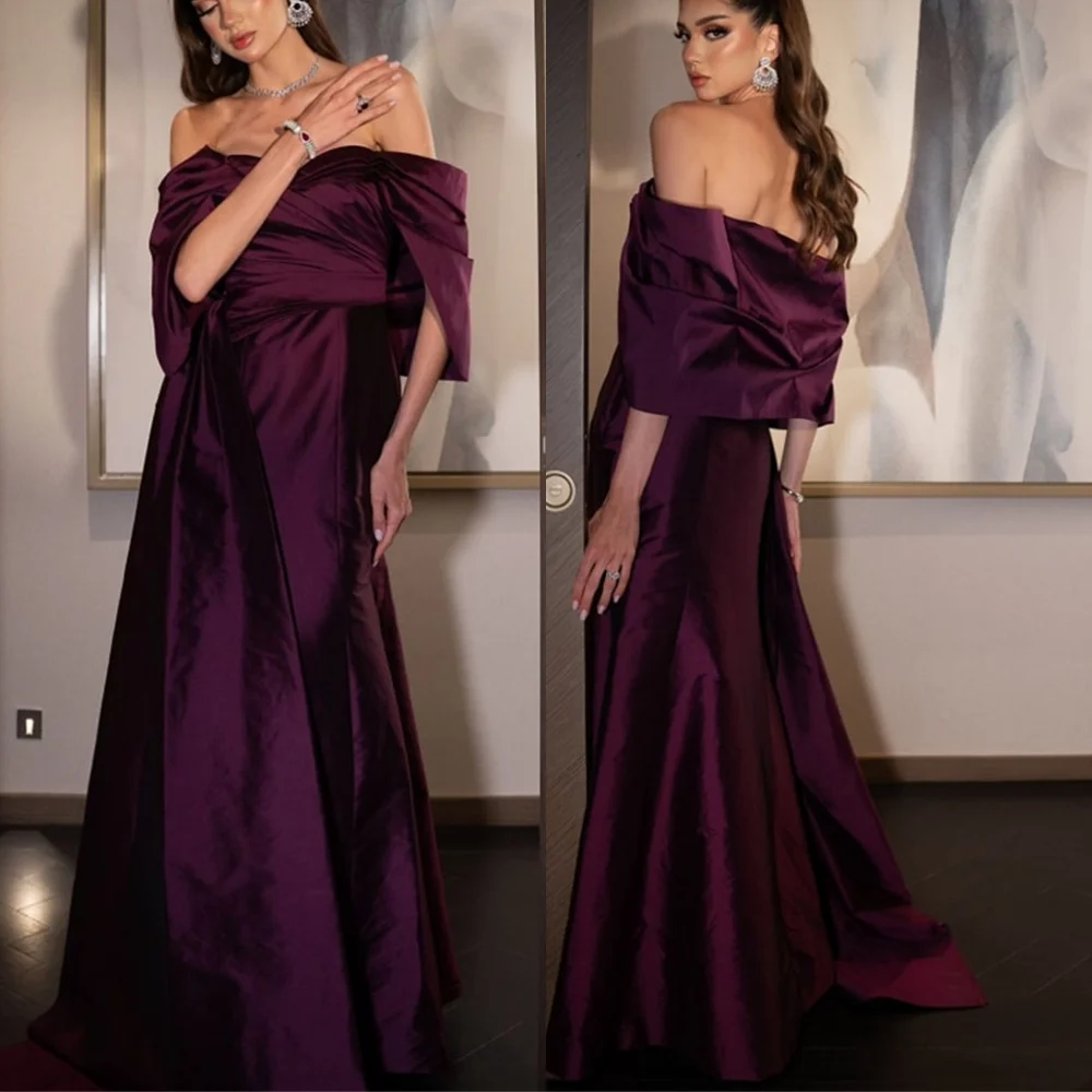 

Customized Temperament Dark Purple Satin Evening Dress Exquisite Strapless Off the Shoulder Short Sleeves Zipper Back Prom Dress
