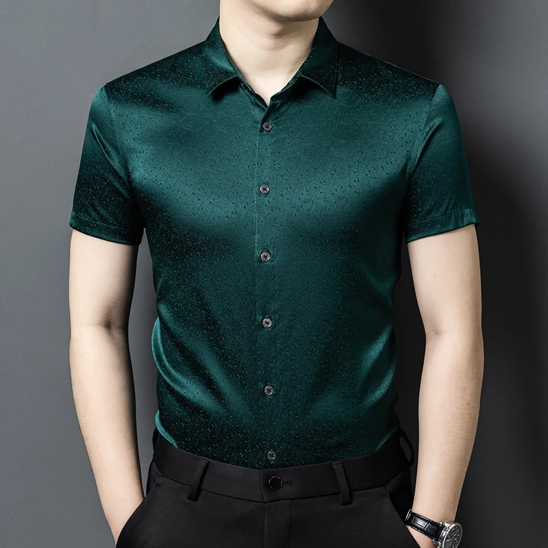 Silk Smooth Lightweight Shirts For Men Short Sleeve Skin-Friendly Summer Quality Soft Comfortable Casual Solid Camisas De Hombre