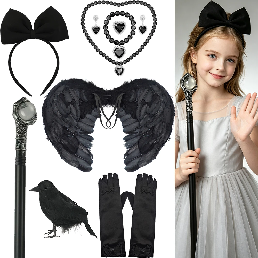 Black Witch Princess Accessory Set With Feather Wings Crow Toy Wand Necklace Gloves Headband For Halloween Stage Cosplay