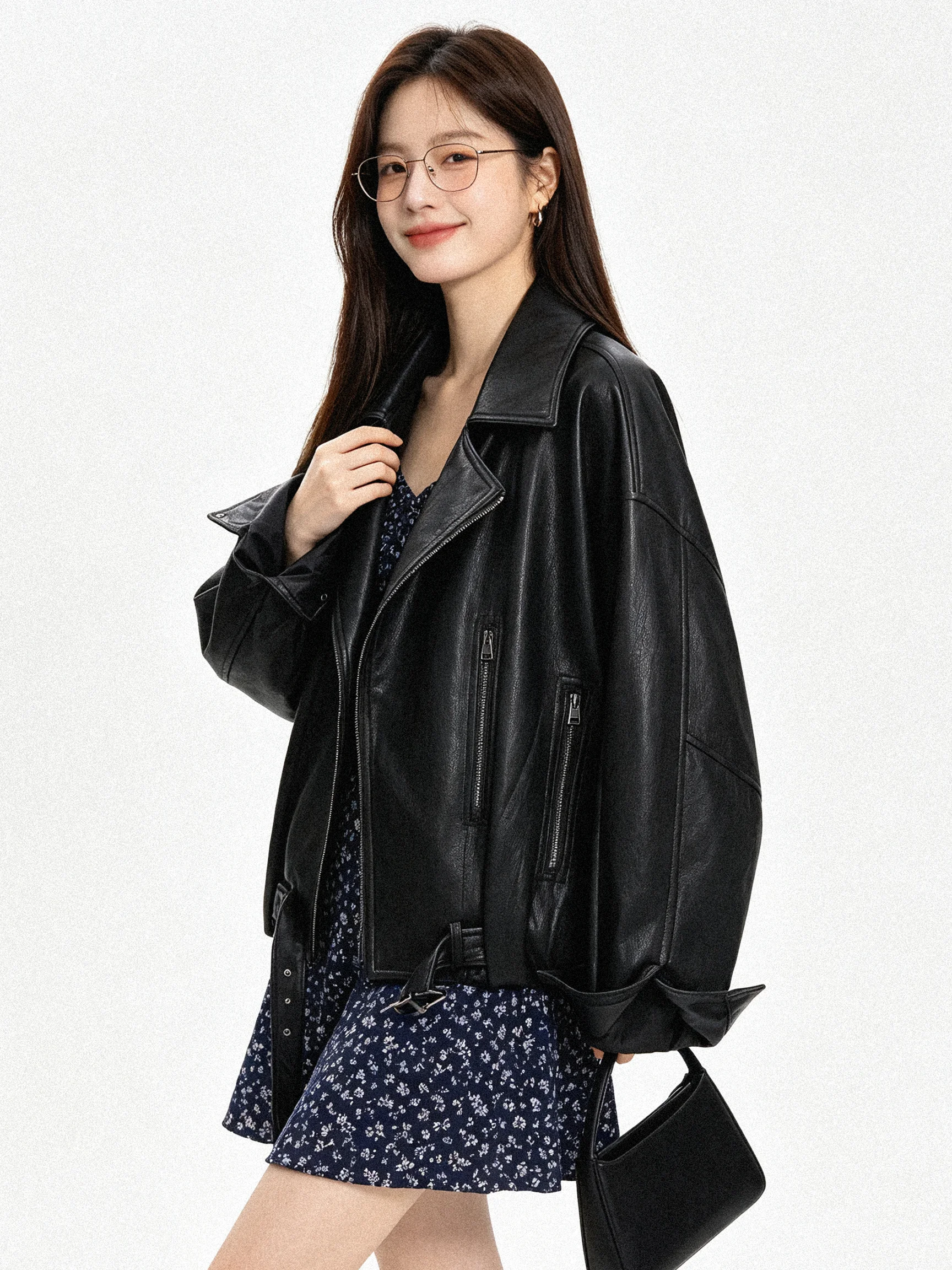 2026 New American Style Motorcycle Leather Jacket Women's PU Short Coat Loose Collar Slimming Versatile Korean Standard Fit