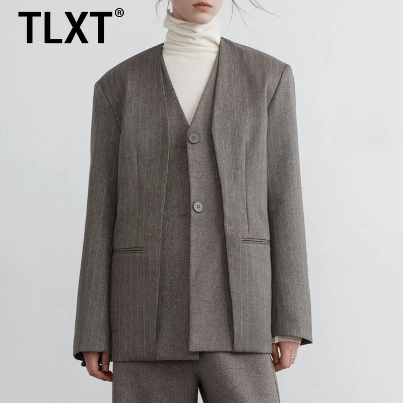 

TLXT Винтажный полосатый пиджак с v-образным вырезом из двух предметов для женщин 2024, весна-осень, новое свободное дизайнерское офисное женское пальто