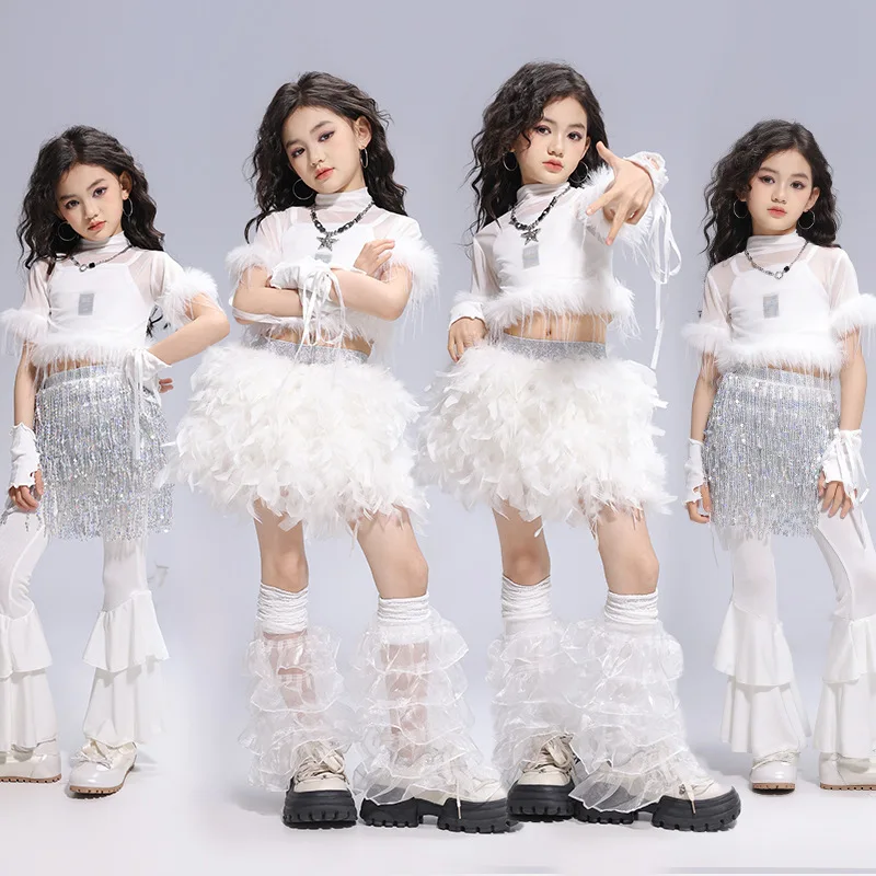 

Kid Cute Hip Hop Clothing White Plush Mesh Crop T Shirt Top Flare Pants Feather Mini Skirt for Girls Jazz Dance Costumes Clothes