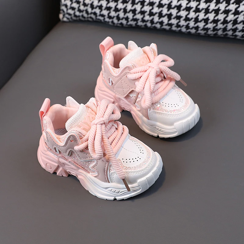 Fashion Children Sequins Pink Chunky Sneakers Toddler Girls TPR Casual Sport Shoes Platform Shoes Kids Tennis 3-6Y Autumn Spring