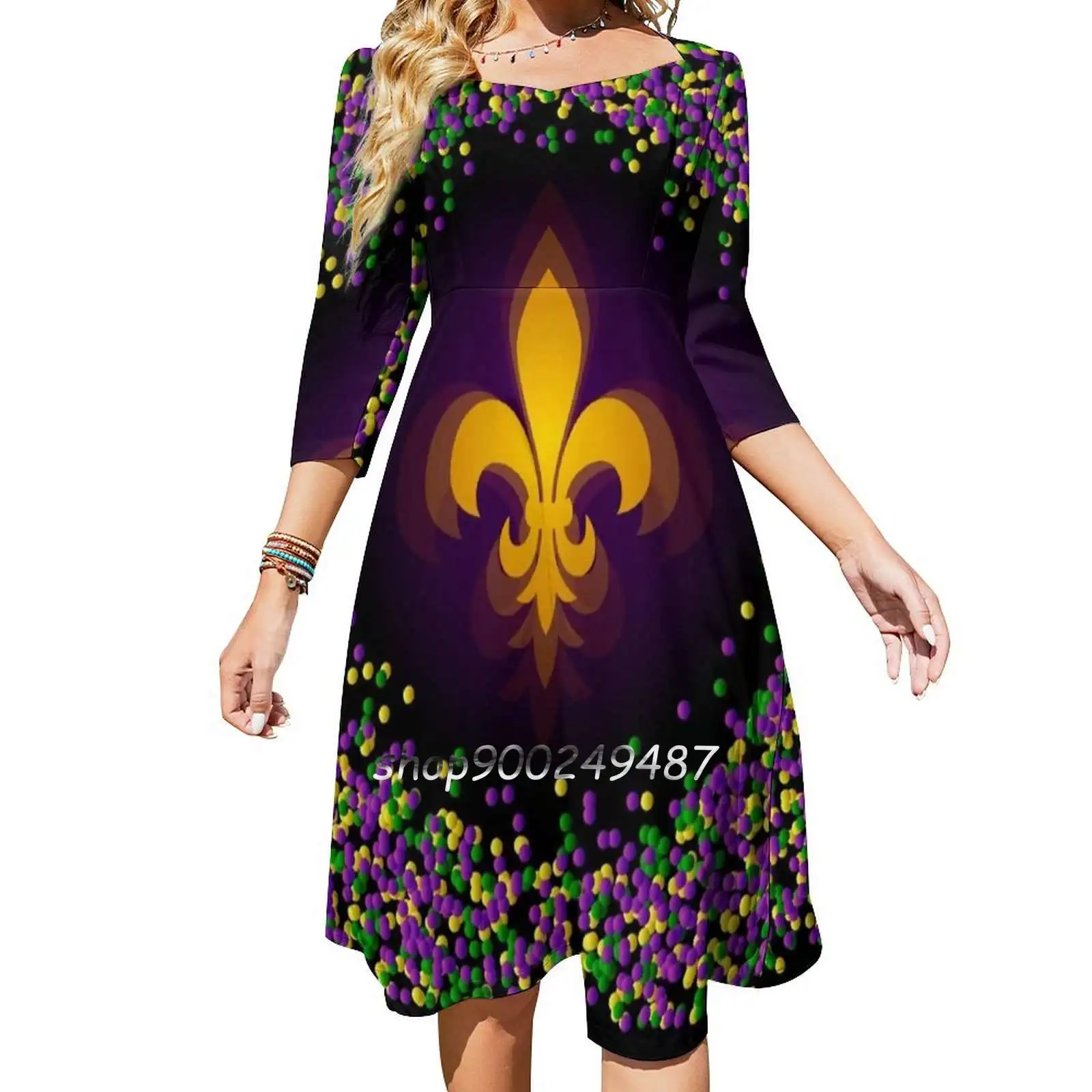 Mardi Gras Flare Dress Short and Long Sleeve Dresses Fashion Printed Dress Mardi Gras Holiday Feathers