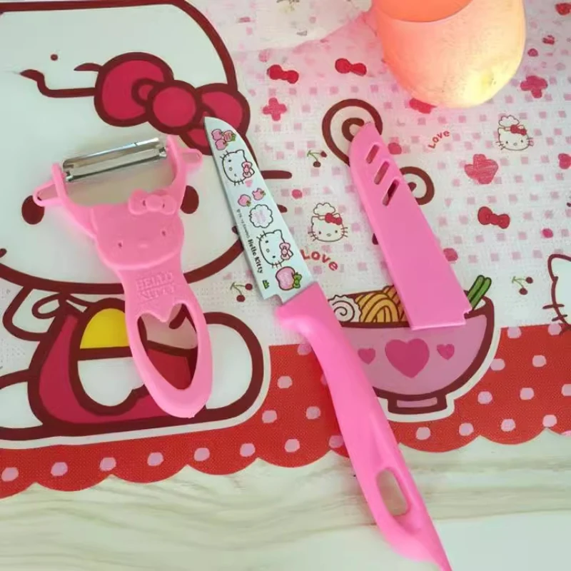 Śliczny nóż Sanrio z kreskówek Hello Kitty Nóż do owoców ze stali nierdzewnej Plastikowy uchwyt Mini kuchenny przenośny zestaw noży Gospodarstwo