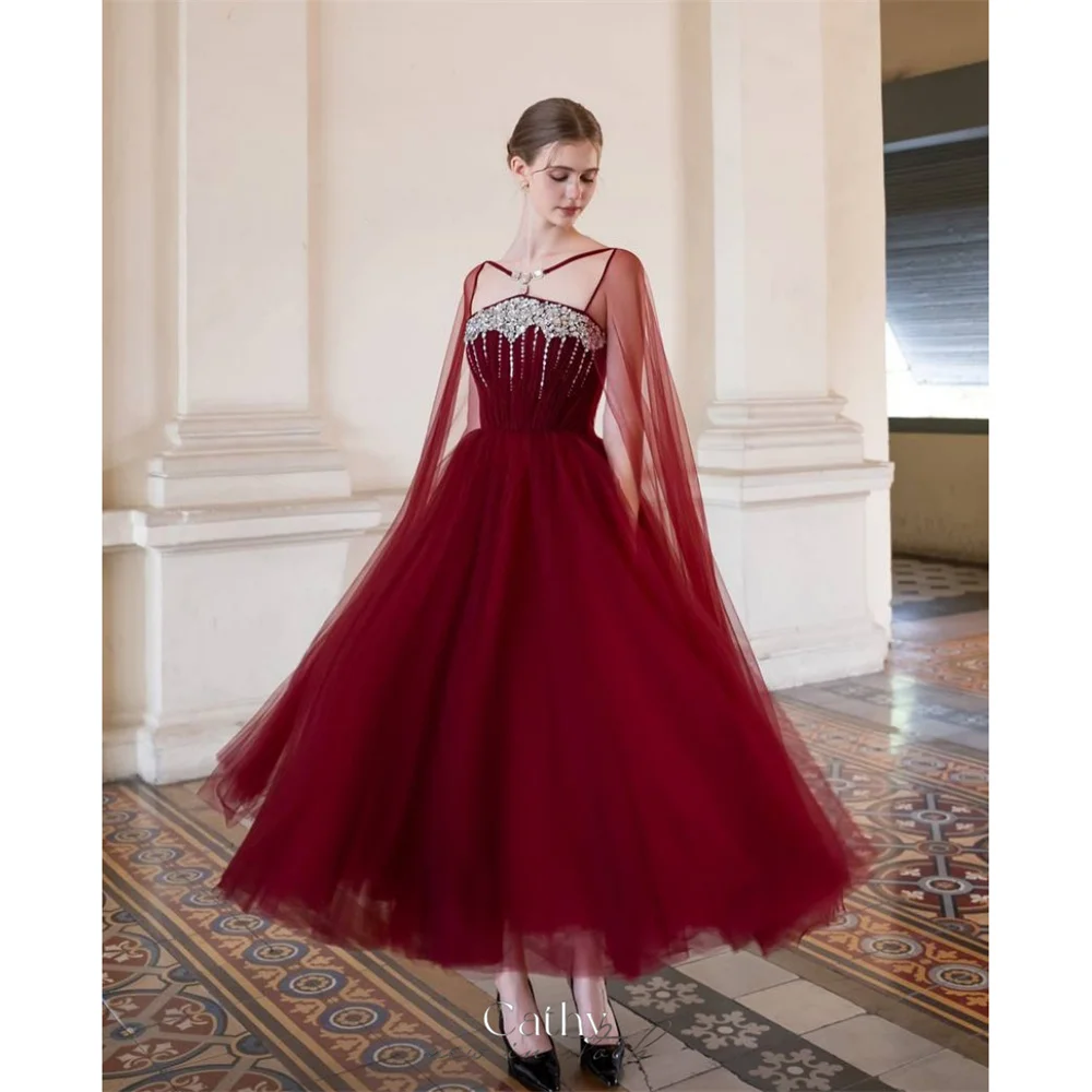 

Cathy Customized Burgundy Tulle Ball Gown Prom Dresses Cape Sleeves Crystal vestidos de noiva Corset Ankle-Length Formal Evening