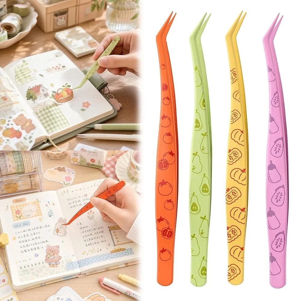 Stainless Steel Curved Stickers Tweezers High Precision With Leather Case False Eyelash Tweezers Anti-static Cartoon Fruits