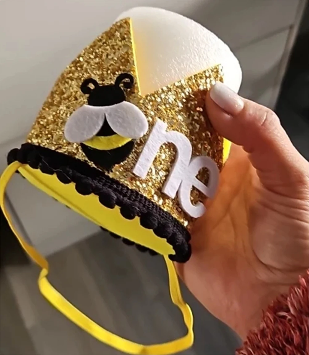 1Pcs Gold Bee Happy Birthday Party Baby Boy One Crown Headband Hat Birthday Baby Shower 1st Birthday Party Decoration Supplies
