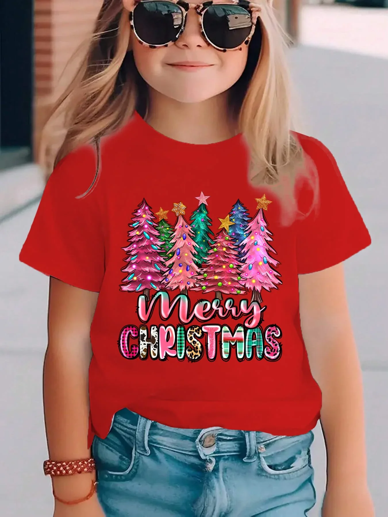 Girls Merry Christmas Graphic Short Sleeve T Shirt Cute Pink Christmas Trees Mixed Texture Letter Design Toddler Xmas Casual Tee