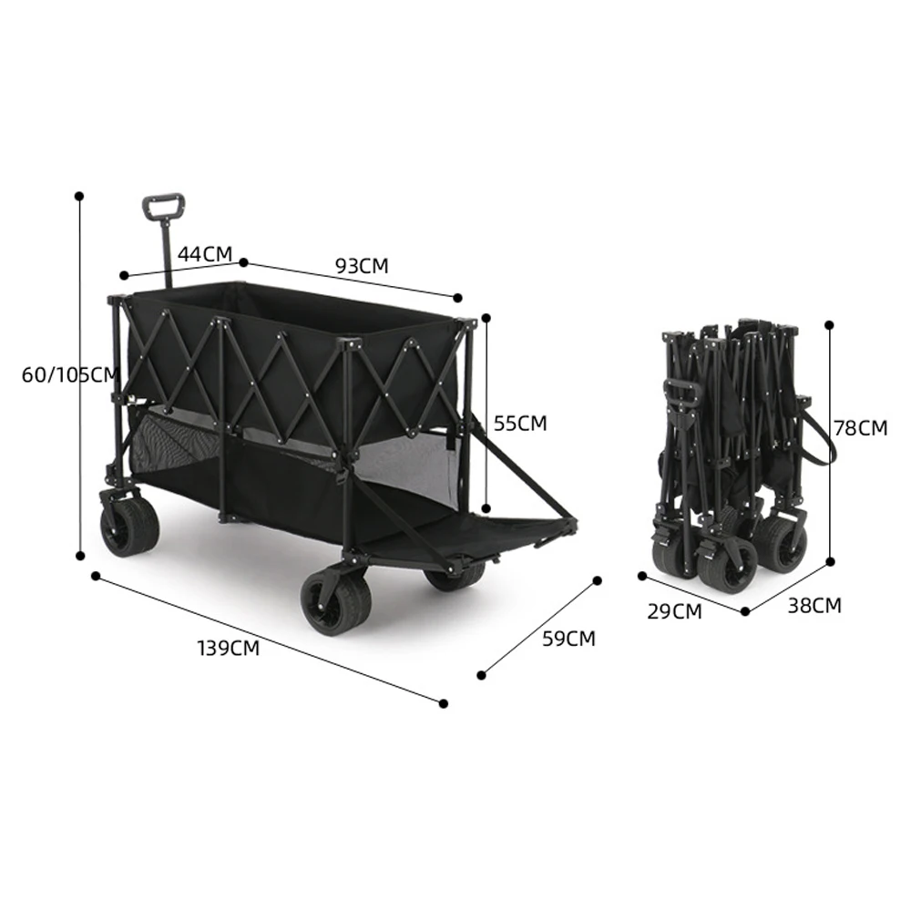 E-RIKE Compact Folding Wagon Large Capacity Camping Rotatable Wheels All Terrain Foldable Double Deckers Wagon Carts
