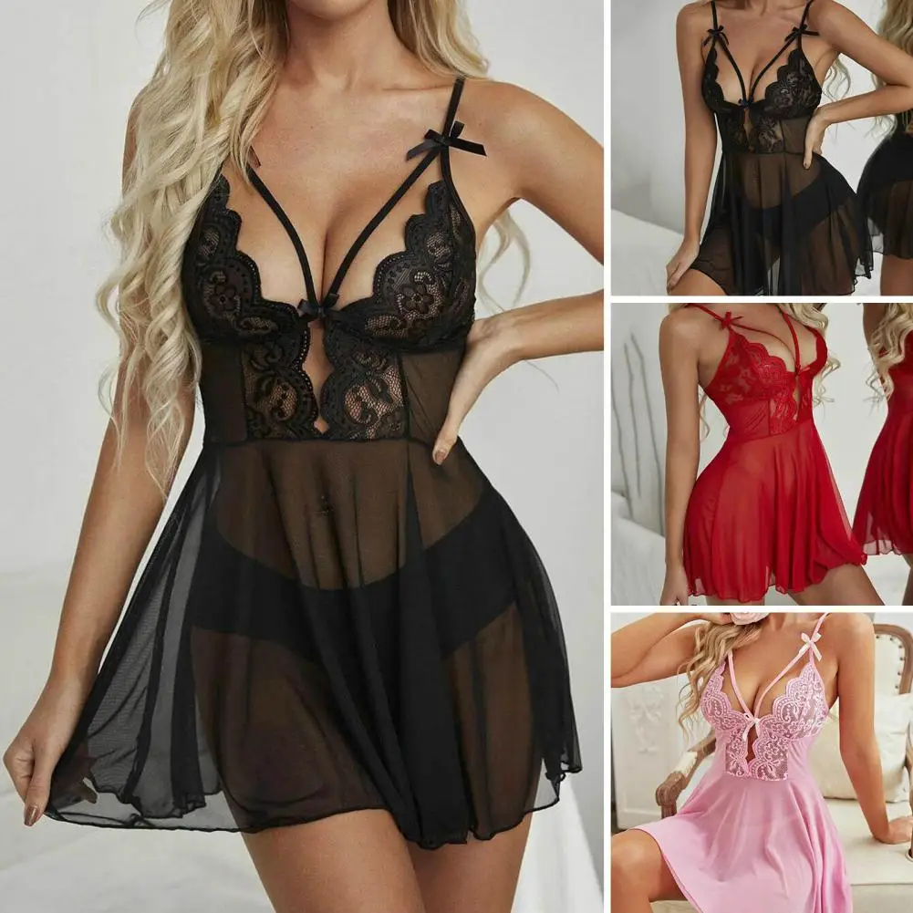 Sexy Two Piece Set Hollow Out Soft Sleeping Women Nightdress G-string Set Nightdress Panties Set Pornographic