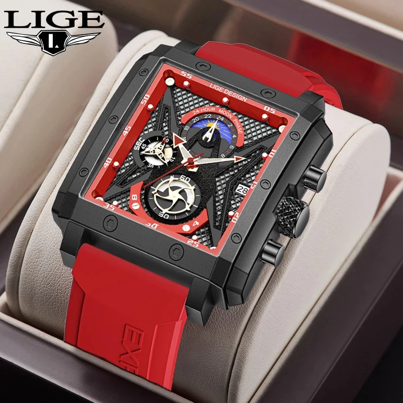 

LIGE Man Watch Top Brand Luxury Waterproof Quartz Fashion Square Wrist Watch for Men Date Sport Silicone Clock Male Montre Homme