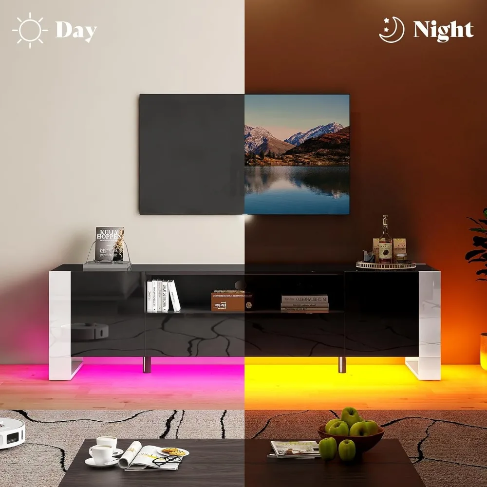 Meja TV AMERLIFE 70 inci dengan Lampu LED, Konsol TV Modern dengan Finishing High Gloss dan 2 Laci Penyimpanan untuk