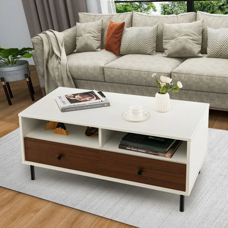 2 Tier 40 Inch Length Modern Rectangle Coffee Table with Storage Shelf and Drawers living room table