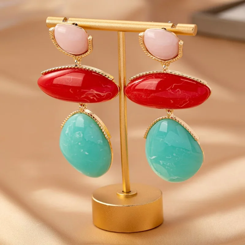 Elegant Long Alloy Multicolor Resin Earrings Fashionable Accessory for Ladies Suitable for Daily Wear Parties Events