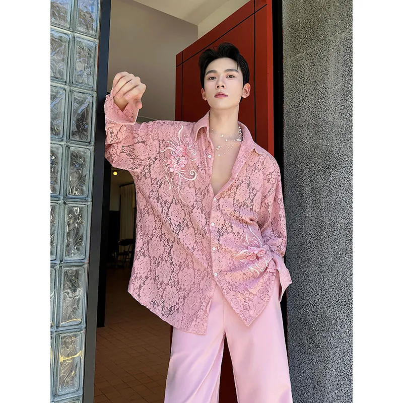 

Spring Autumn Men's Long Sve irt Lace Embroidery See tough Design Sense Trendy Loose Fit Polyester Fabric Faionable