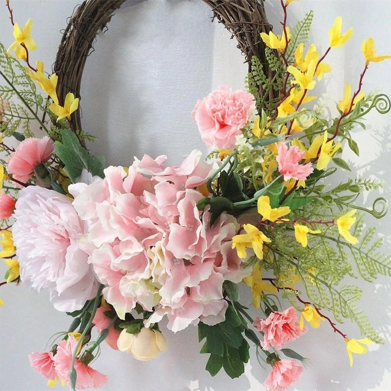 

Artificial Winter Jasmine Carnations Flower Wreath Spring Summer Faux Floral ,19.6 Inch Wreath Front Door Hanging Garland 15UB