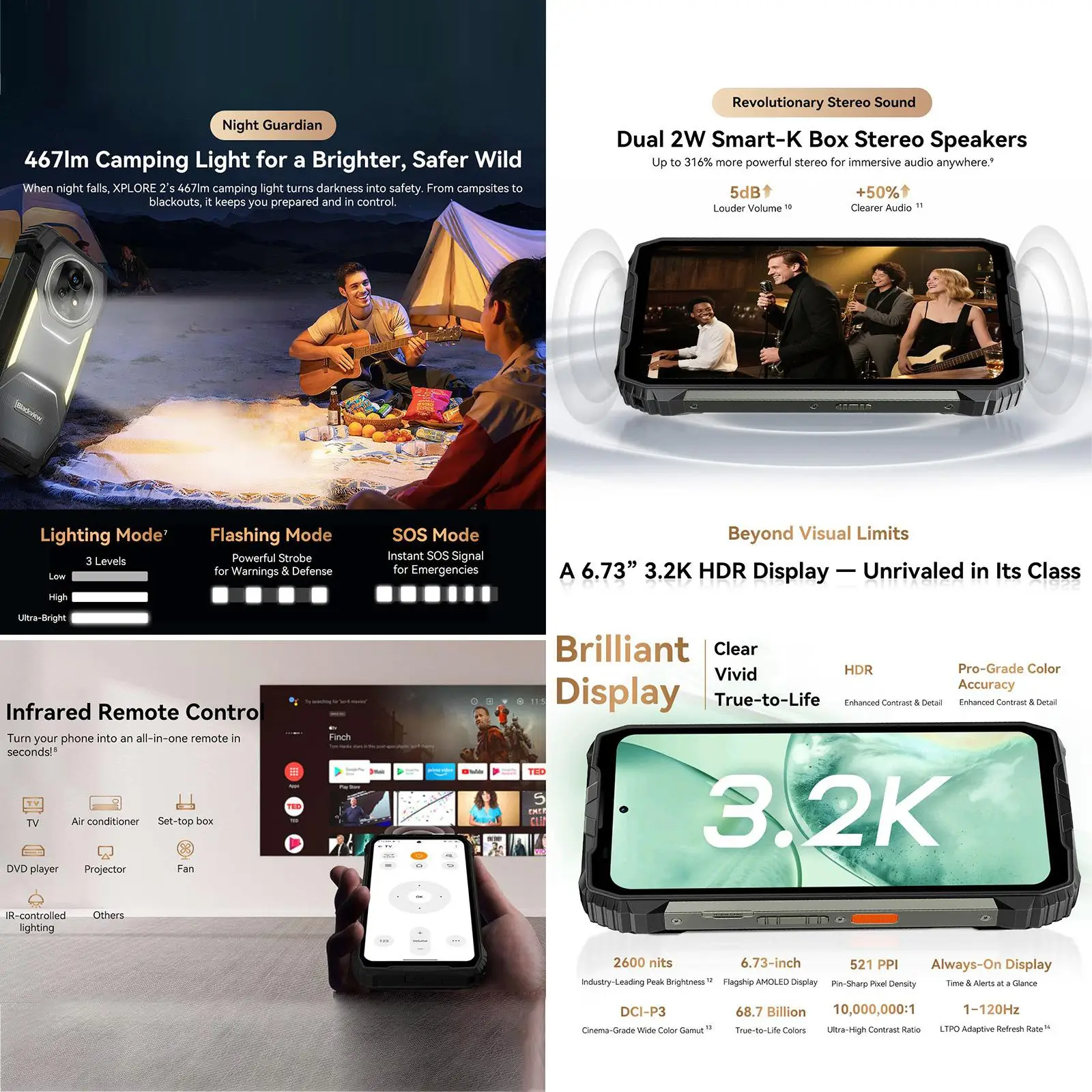 Blackview XPLORE 2 هاتف ذكي متين 5G 6.73 بوصة AMOLED 120 هرتز 256 جيجابايت / 1 تيرا بايت 2000 مللي أمبير 120 وات شحن سريع 50 ميجابكسل كاميرا أندرويد 15 NFC