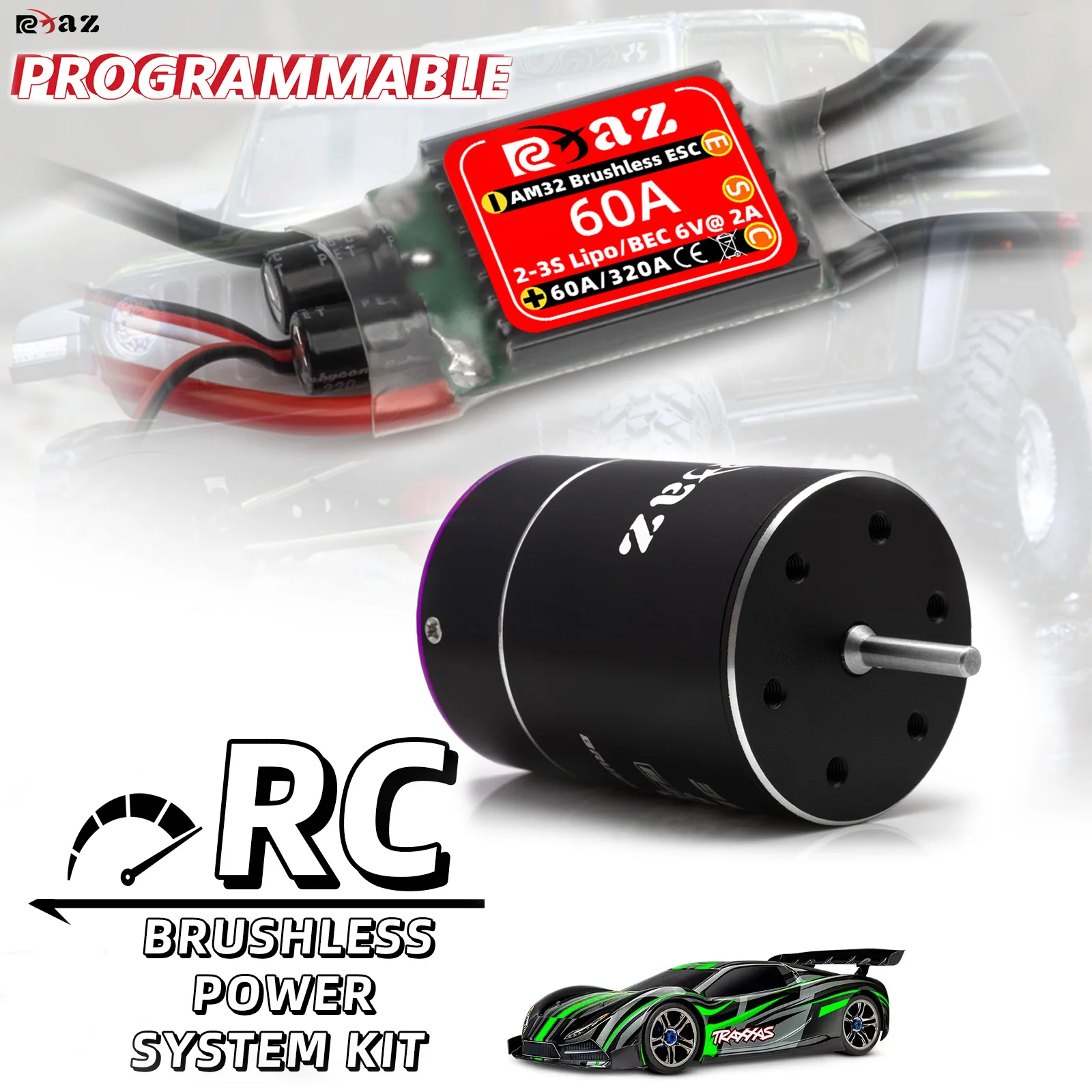

RCXAZ RC Brushless Combo 3650 Motor & AM32 60A ESC Combo для 1/10RC Traxxas Off-Road Racing Short Truck Drift RC Tamiya Axial