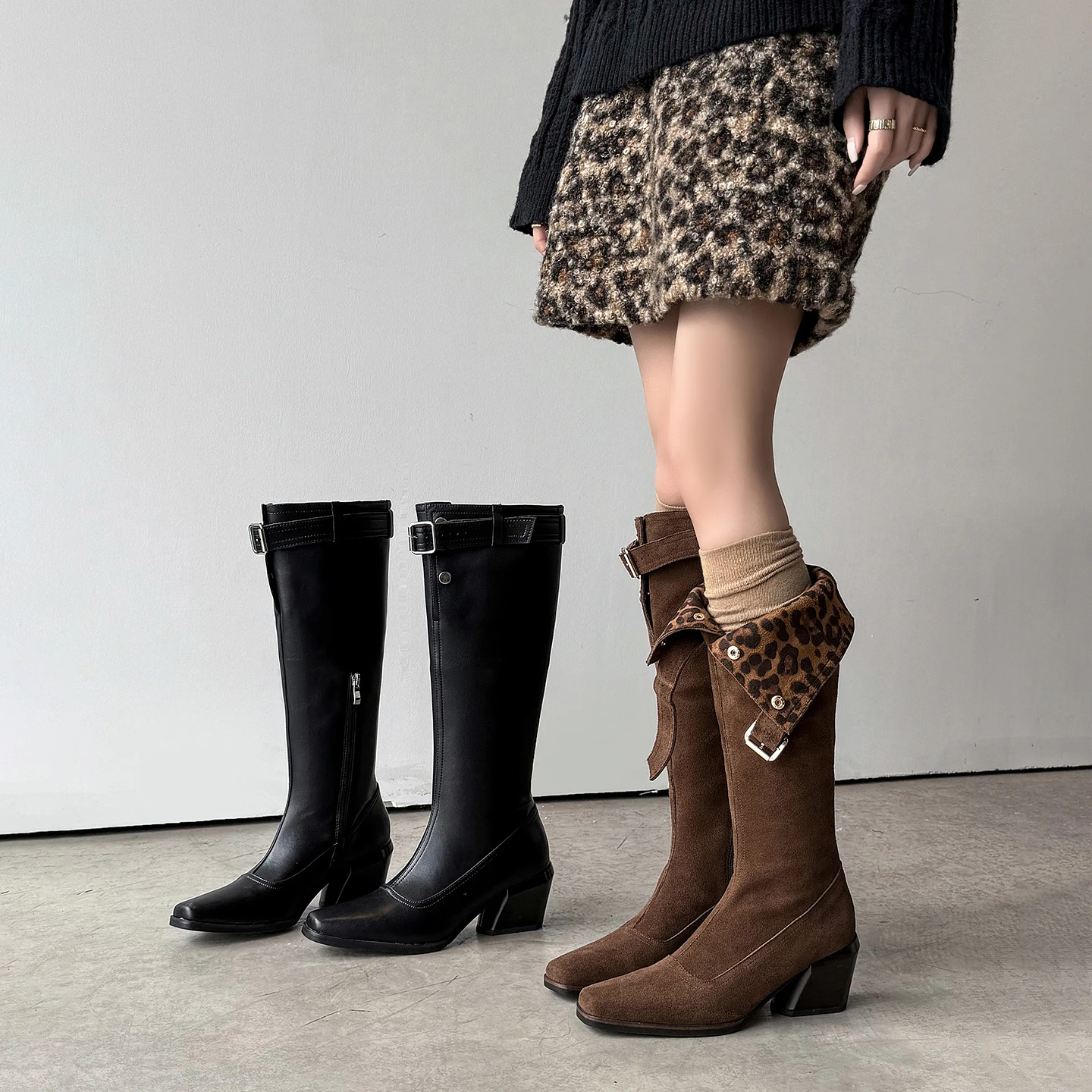 

2-in-1 Leopard Print Foldable Knee-High Boots, Square Toe High Heel Riding Boots with Belt Buckle for Women