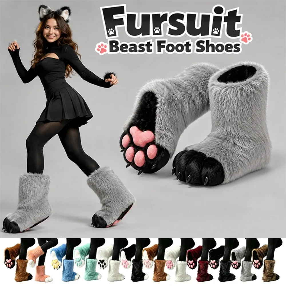 Cute Furry Paw Boots for Cosplay Party Indoor Fursuit Wear Plush Claw Footwear Cat Paw Style Socks Soft Pad Cute Claws