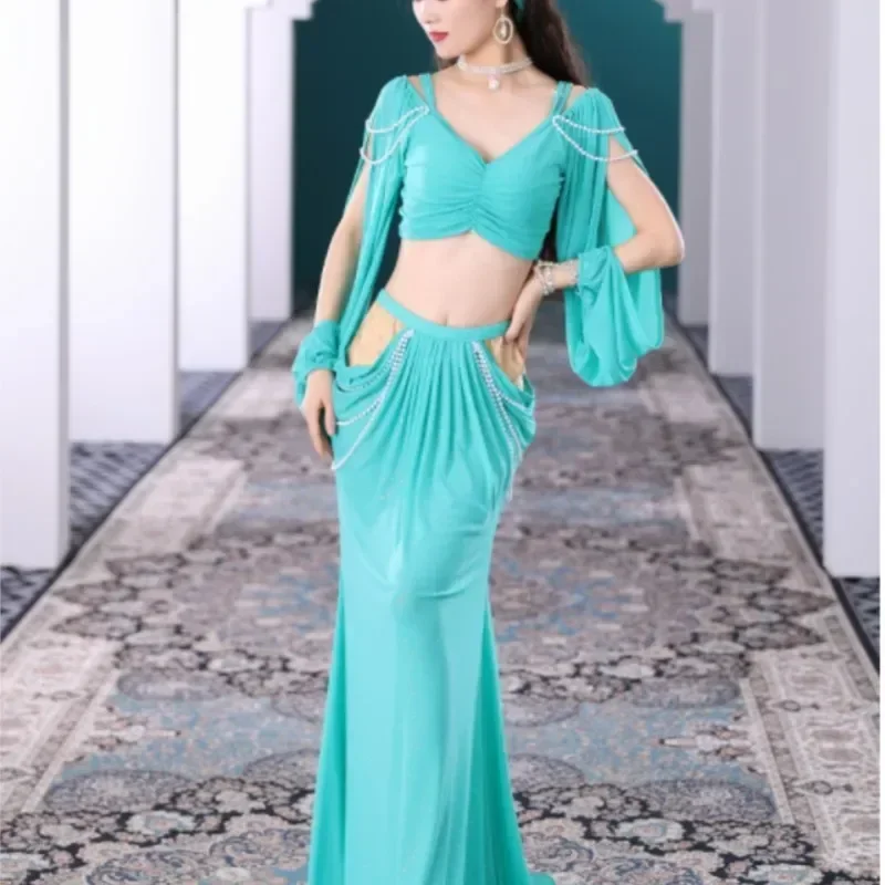 Vêtements de danse du ventre pour femmes, haut à manches en perles + jupe longue, ensemble de Costumes orientaux pour filles, tenue d'entraînement féminine, 2 pièces
