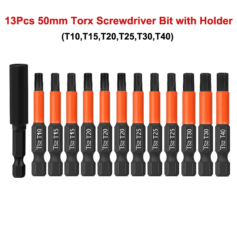 

13Pcs 50mm Torx Bit Set With Bit Holder Tamper Resistant Torx Star Bits 1/4 Inch Hex Shank Magnetic Impact Screwdriver Bit