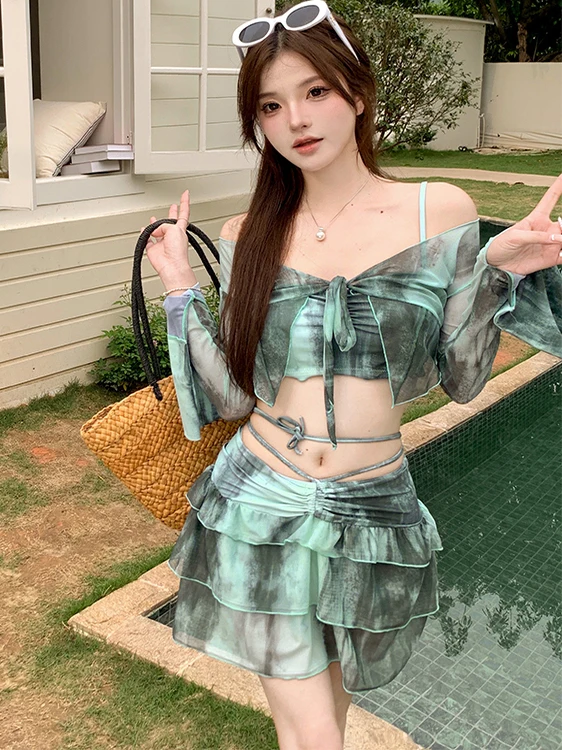 

Dopne 2024 New Spicy Girl Bikini Four-Piece Set Long Sve Dr Sle Vaion Hot Spring Sanya Swimsuit Women's Suit