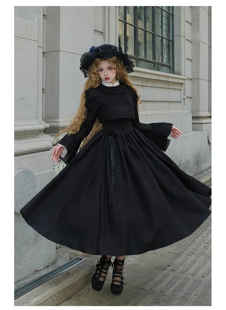 Lolita Dress Ruffled White Long Sleeve Shirt Goth Print Slim Dress Harajuku Two Piece Sets Womens Outifits