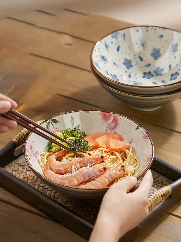 Japanese Ceramic Noodle Bowl Household Printing Ramen Bowl Delicate Soup Bowl Fruit Vegetable Salad Deep Plate Tableware