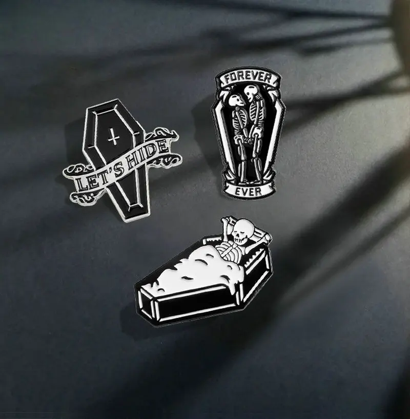 Pin Badge Custom Stay in Coffin Brooches Lapel Pin Jeans shirt Bag Dark Halloween Skeleton Jewelry Gift Let's Hide Enamel view 4