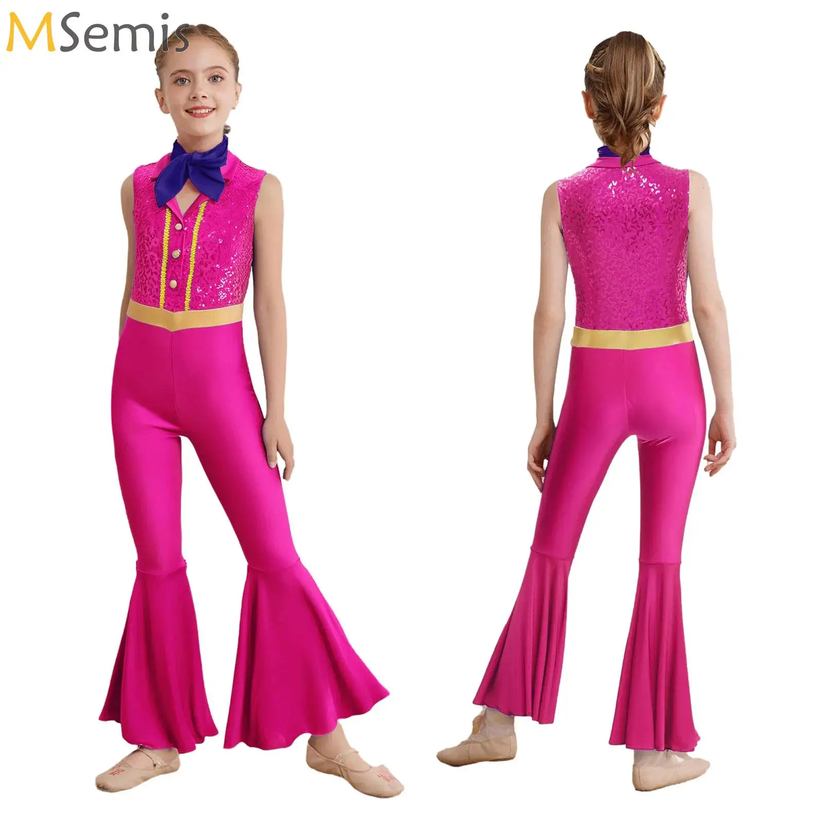 

Kids Shiny Sequins Dance Jumpsuit Sleeveless Bell-Bottom Full Body Leotard Bodysuit with Scarf for Disco Theme Party Performance