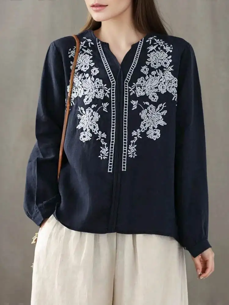 ZANZEA Cotton Embroidery Tunic 2024 Women Vintage Tops Retro Tops V Neck Blusas Chemises Holiday Blouses Long Sleeve Shirts