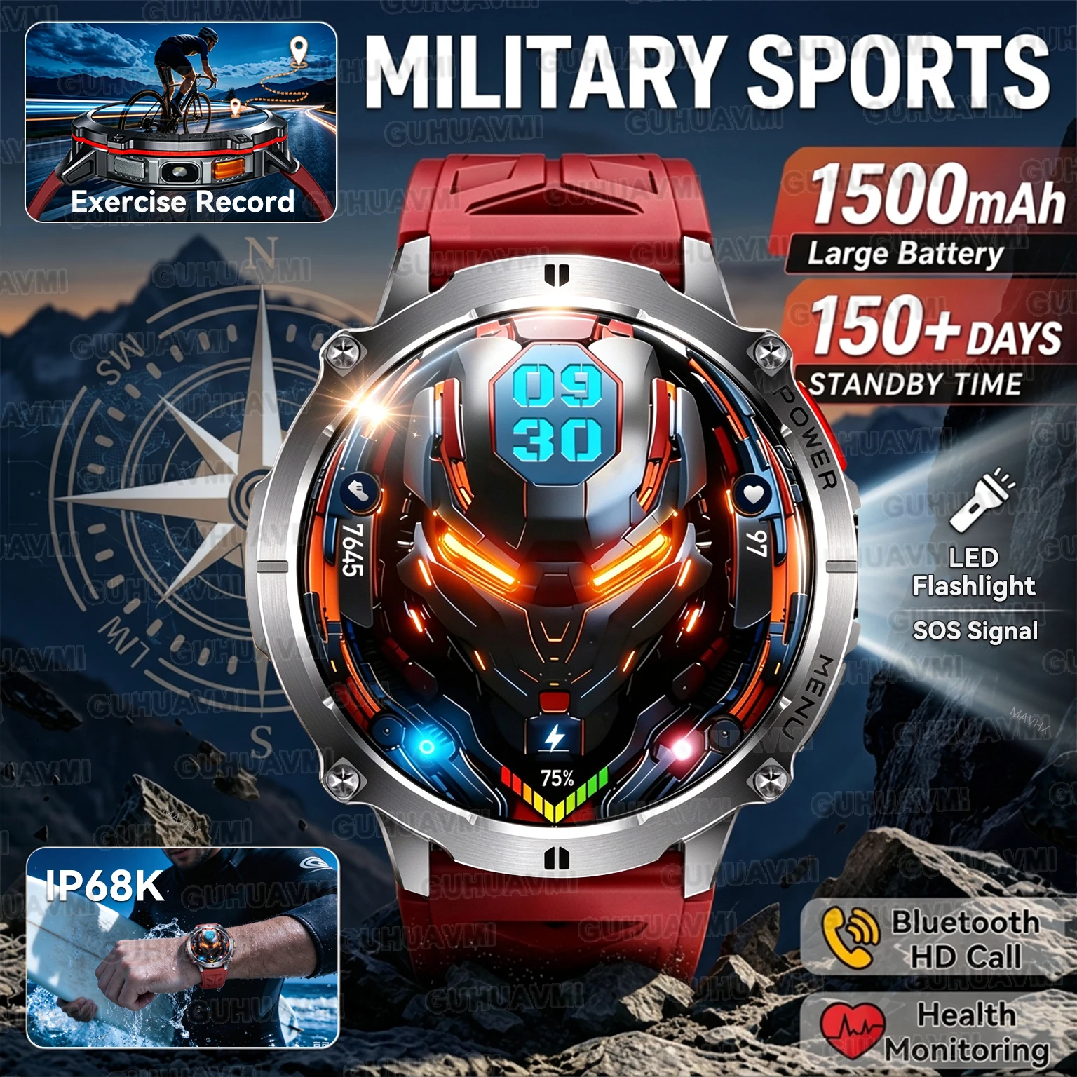 New Men's Military Smartwatch 150 Days Battery/Flashlight/IP68K/Compass/Motion trajectory/Bluetooth Call Durable fitness Watches
