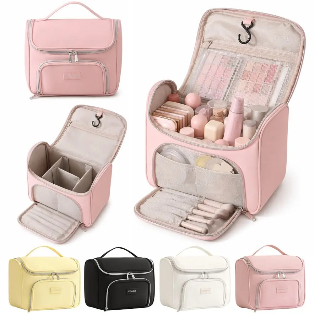 Multi Compartment Cosmetic Bag Double Zipper Front Pocket Makeup Organizer Bag Carry Handle Portable Toiletry Bag