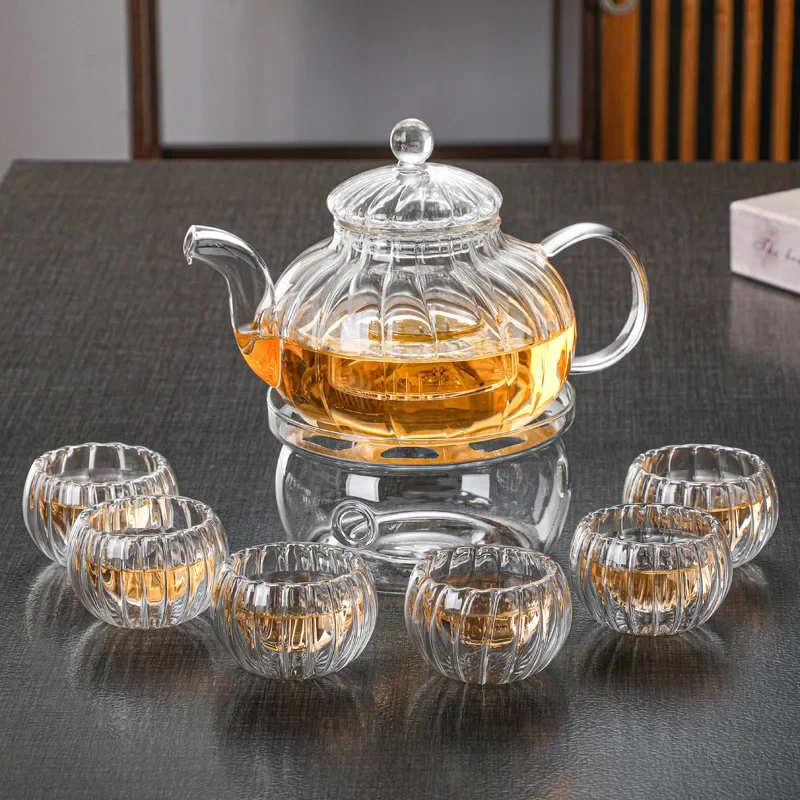 Whole set glass tea set creative clear glass tea set pumpkin pot set glass kung fu flower herb teapot with filter