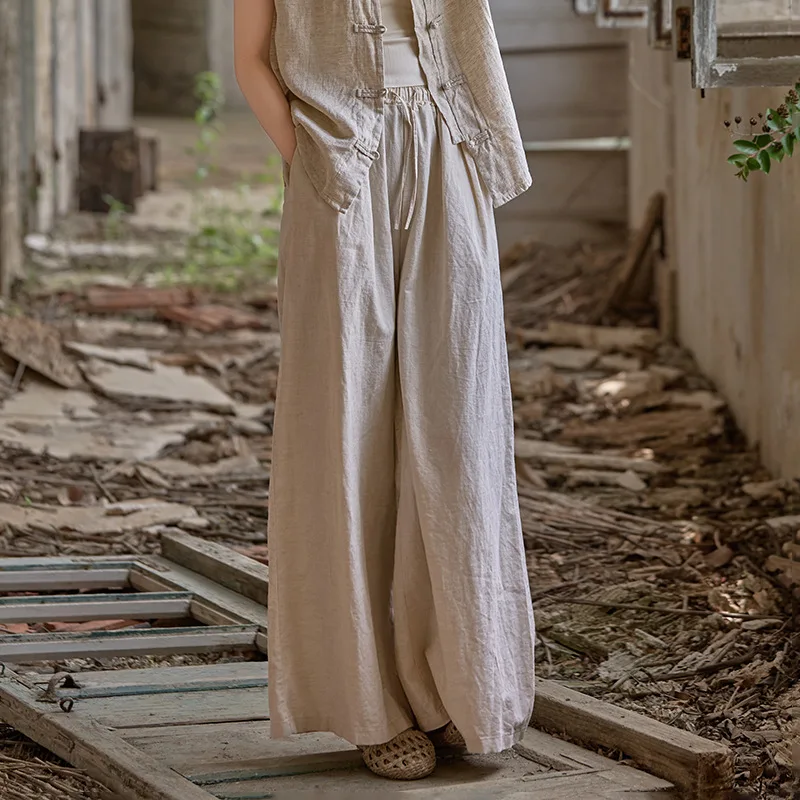 Jesienne lniane spodnie: cienkie, z elastyczną talią, luźne, wyszczuplające, uniwersalne damskie spodnie typu palazzo