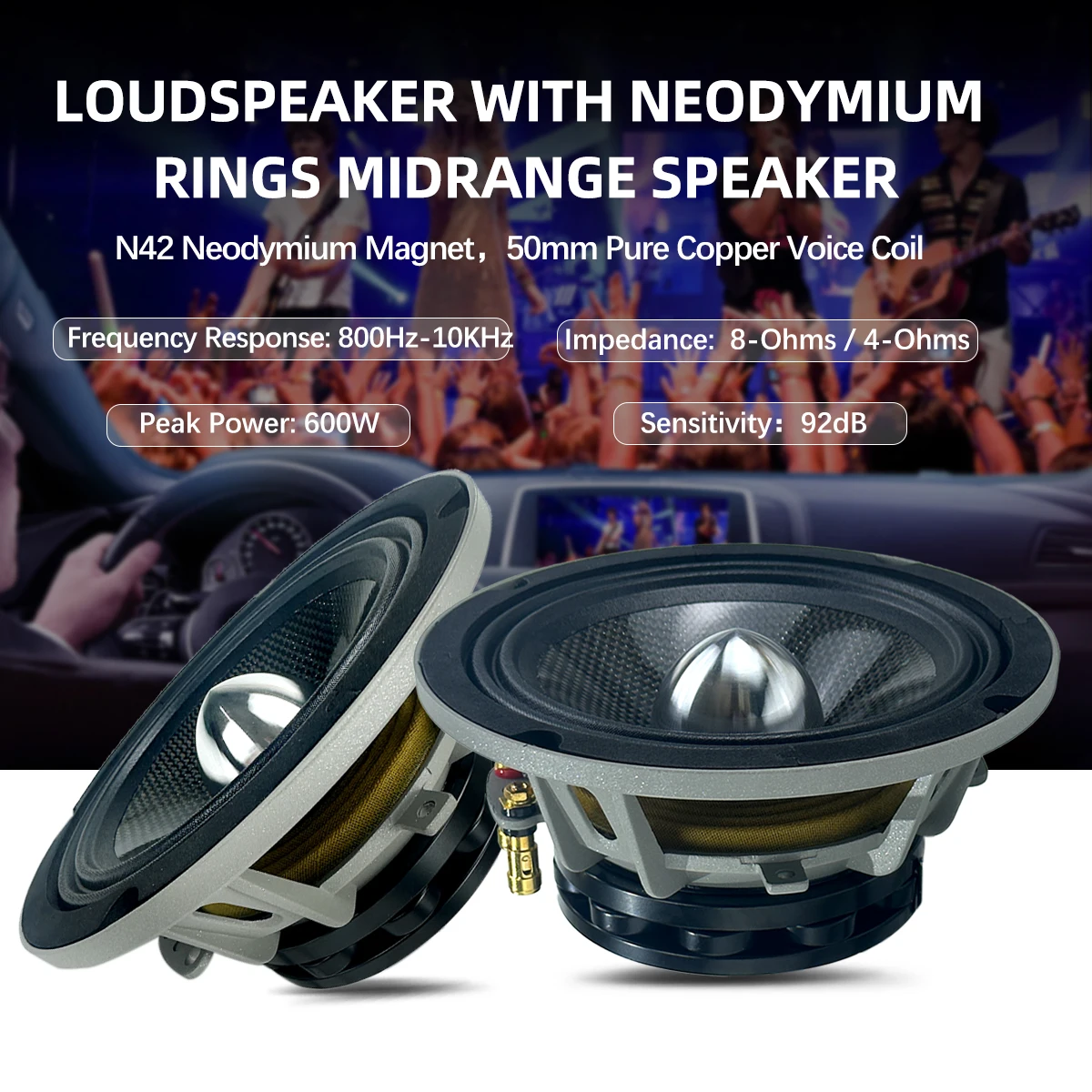 Factory NOM. Power 200W 6.5Inch 98DB Car audio Midrange Speaker with N42-neodymium magnet & 50mm-Pure copper voice coil (1pcs)