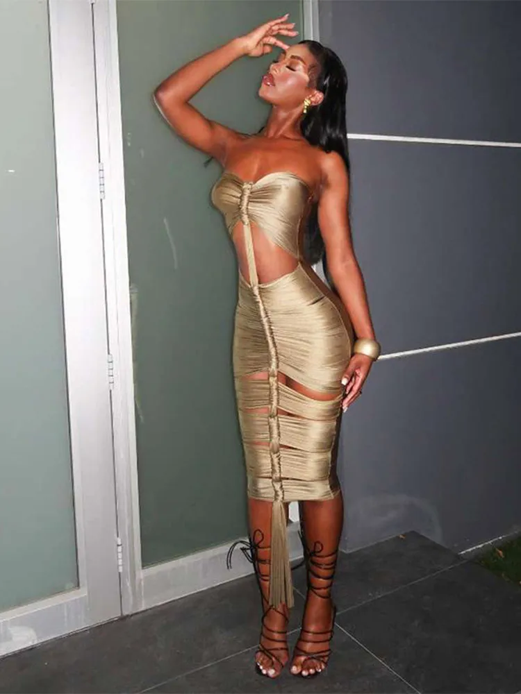 セクシーな透かし彫りロングパーティードレス レディースファッション ノースリーブ バックレス クロップトップ 女性用ドレス 2026 春夏 リボン付きレディローブ