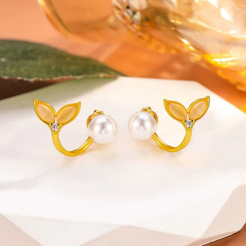 Korean Fashion Fish Tail Ear Stud Simple Temperament Rear Hanging 925 Silver Earrings Creativity Pearl Earring For Women KOFSAC