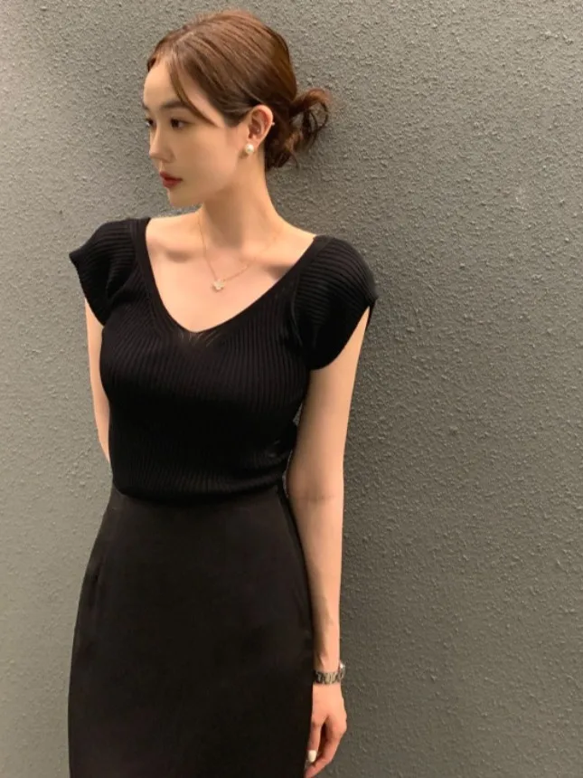 

Ele винтажный летний трикотаж Slim Fit ort Sve V-Ne пуловер в полоску женский модный повседневный удобный дышащий