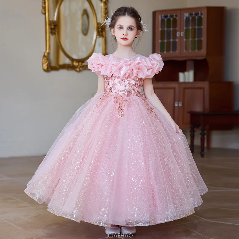 

Свадебное пышное платье с цветочным узором для девочек, детские платья принцессы на день рождения, бальное платье, длинный костюм, официальная детская одежда, платье