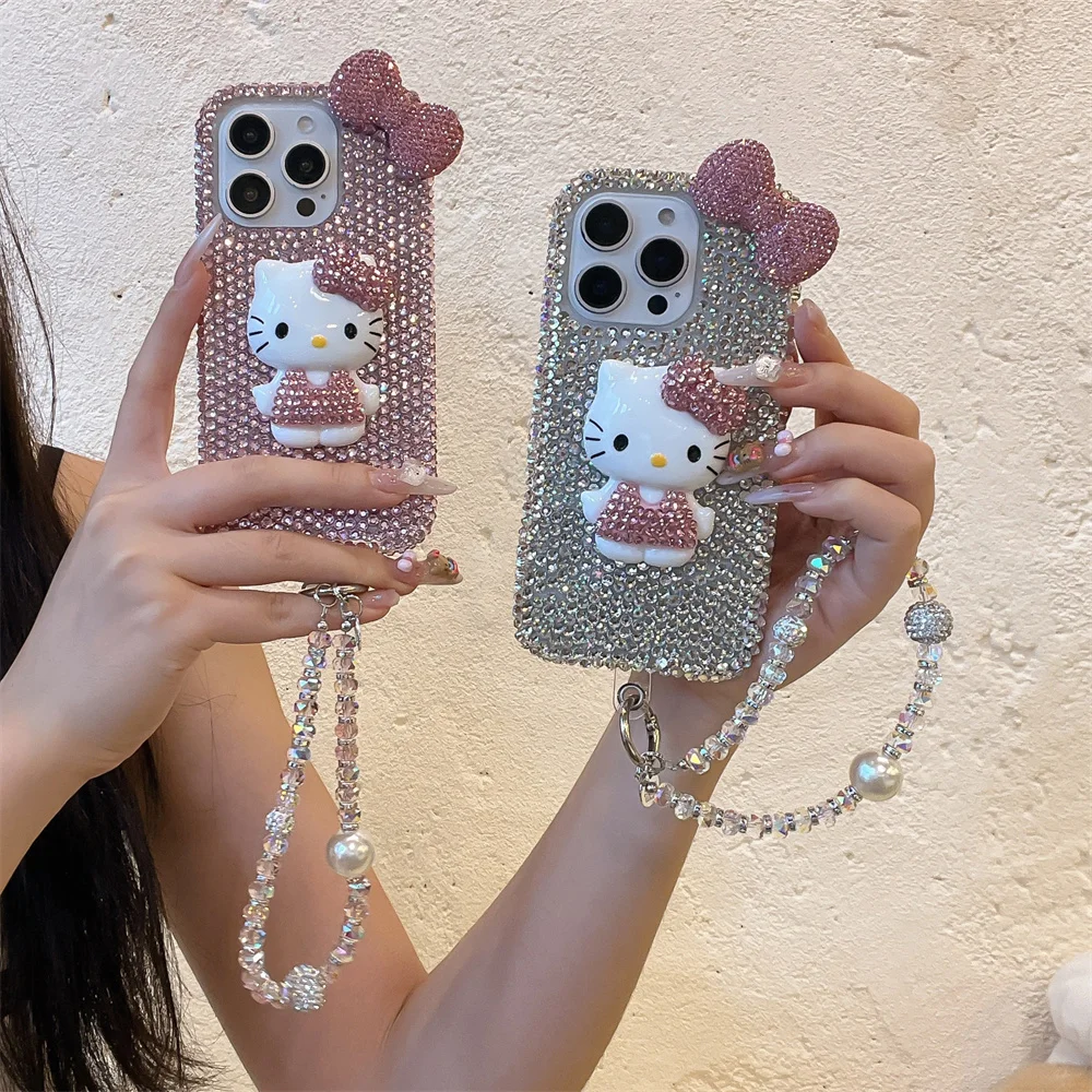 

Luxury Flash drill New Hellokitty phone case for iPhone 11 12 13 14 15 16 Pro Max Plus Funda with hinged cute protective Cover