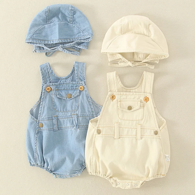 2024 New Summer 0-24M Children Clothes Toddler Baby Boys Girl Romper Sleeveless+Hat Solid Color Cowboy Infant Baby Overall